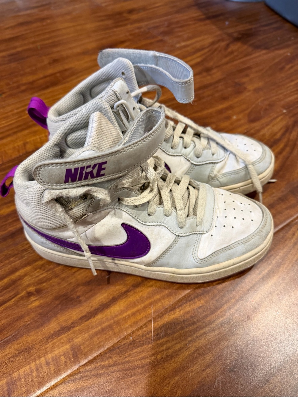 Nike White High-Top Sneakers with Purple Swoosh and Accents